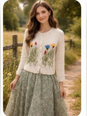 Vintage button front cardigan with painted floral design by Victoria